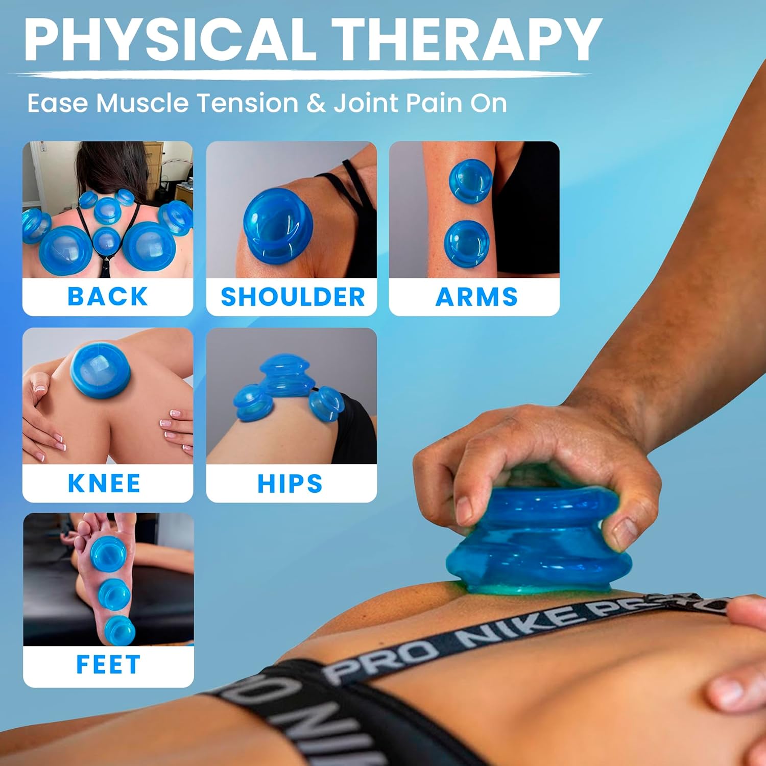 EDGE Silicone Cupping Set, Cupping Kit for Massage Therapy, Long Lasting Cups for Professional & Home Use, Body Sculpt Cup for Cellulite, FSA HSA Eligible, Ultra Transparent Blue